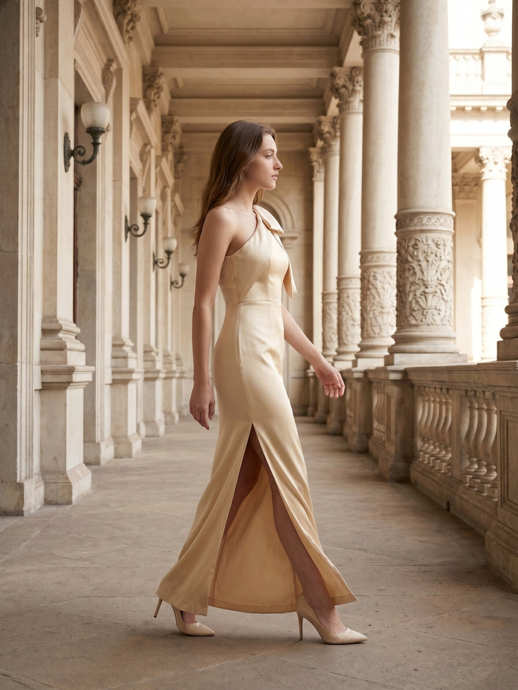 Champagne Satin Mermaid One-Shoulder Side-Zip Floor-Length Bridesmaid Dress with Bow - Curvevia