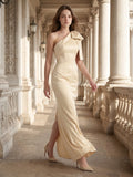 Champagne Satin Mermaid One-Shoulder Side-Zip Floor-Length Bridesmaid Dress with Bow - Curvevia