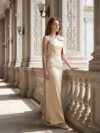 Champagne Satin Mermaid One-Shoulder Side-Zip Floor-Length Bridesmaid Dress with Bow - Curvevia