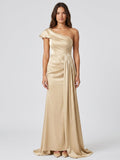 Champagne Satin Mermaid One-Shoulder Side-Zip Floor-Length Bridesmaid Dress with Pleats - Curvevia