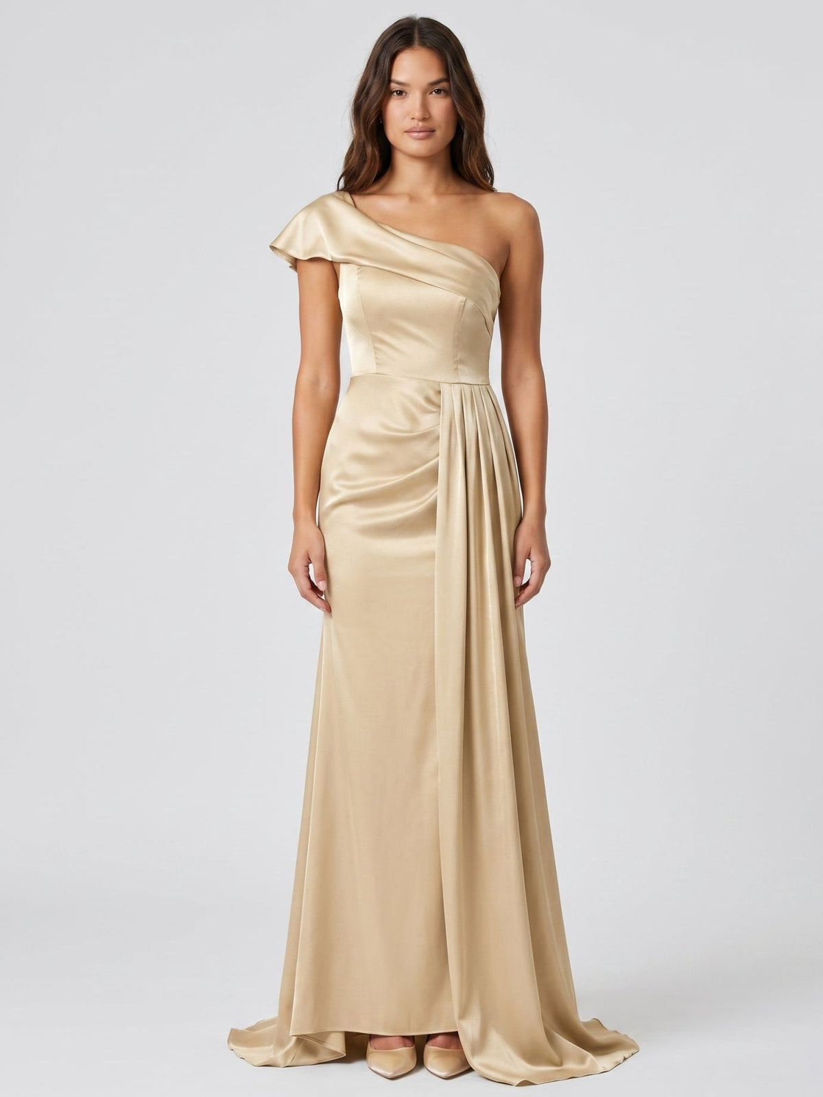 Champagne Satin Mermaid One-Shoulder Side-Zip Floor-Length Bridesmaid Dress with Pleats - Curvevia