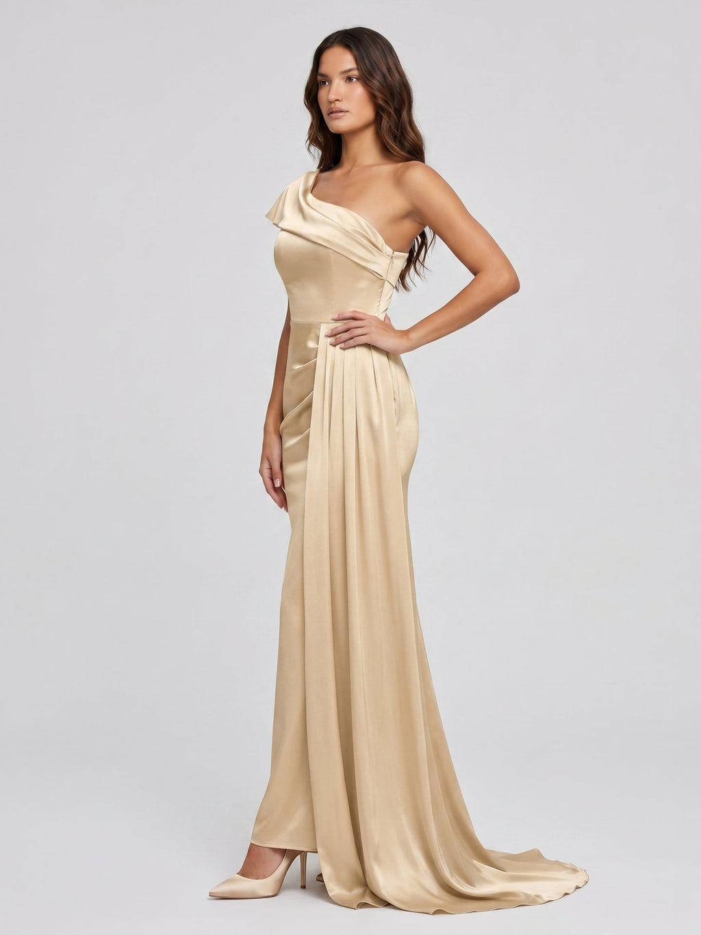 Champagne Satin Mermaid One-Shoulder Side-Zip Floor-Length Bridesmaid Dress with Pleats - Curvevia