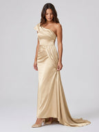 Champagne Satin Mermaid One-Shoulder Side-Zip Floor-Length Bridesmaid Dress with Pleats - Curvevia