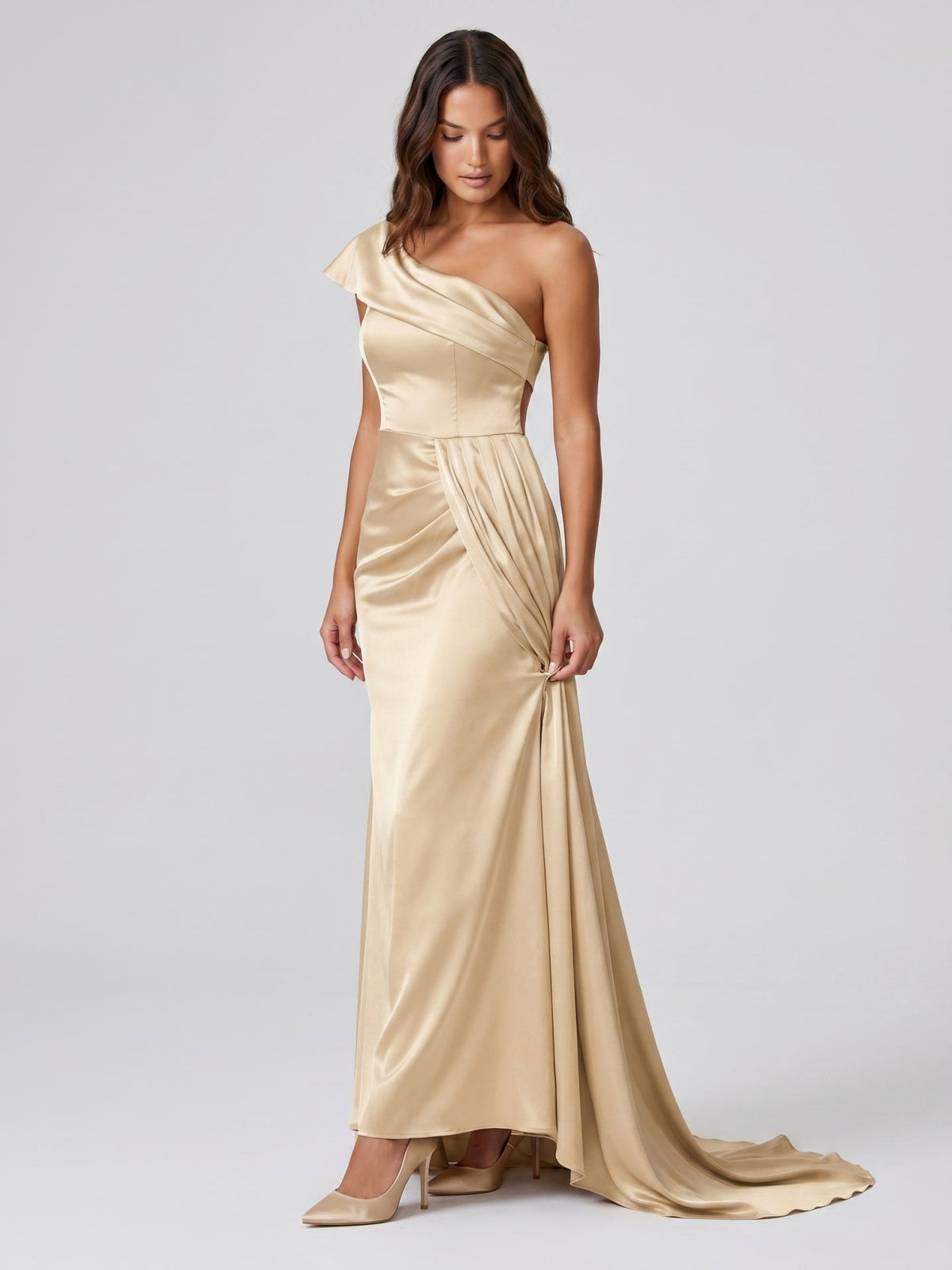 Champagne Satin Mermaid One-Shoulder Side-Zip Floor-Length Bridesmaid Dress with Pleats - Curvevia