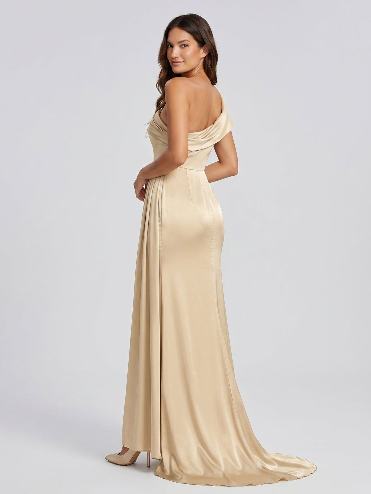 Champagne Satin Mermaid One-Shoulder Side-Zip Floor-Length Bridesmaid Dress with Pleats - Curvevia