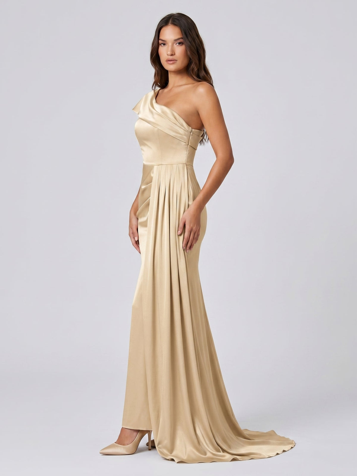 Champagne Satin Mermaid One-Shoulder Side-Zip Floor-Length Bridesmaid Dress with Pleats - Curvevia