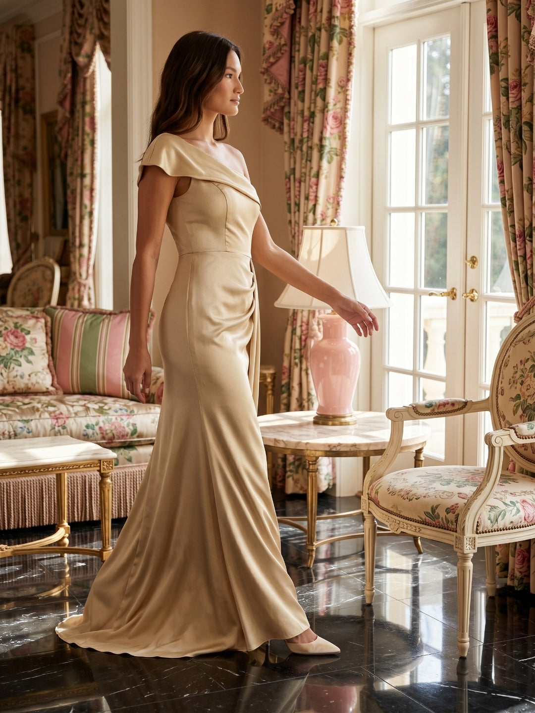 Champagne Satin Mermaid One-Shoulder Side-Zip Floor-Length Bridesmaid Dress with Pleats - Curvevia