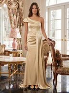 Champagne Satin Mermaid One-Shoulder Side-Zip Floor-Length Bridesmaid Dress with Pleats - Curvevia