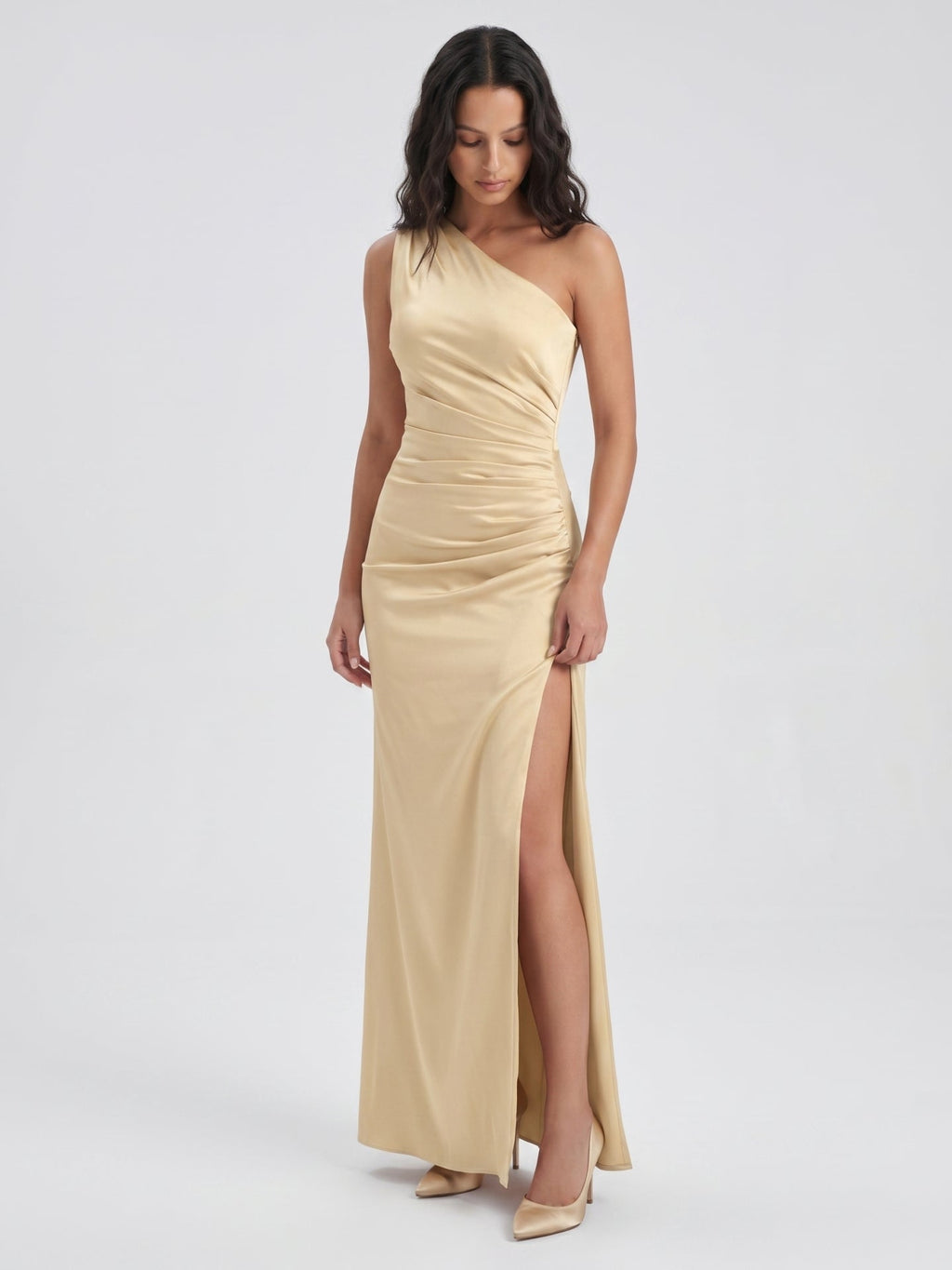 Champagne Satin Mermaid One Shoulder Back Zip Floor-Length Bridesmaid Dress - Curvevia