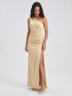 Champagne Satin Mermaid One Shoulder Back Zip Floor-Length Bridesmaid Dress - Curvevia