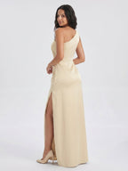 Champagne Satin Mermaid One Shoulder Back Zip Floor-Length Bridesmaid Dress - Curvevia