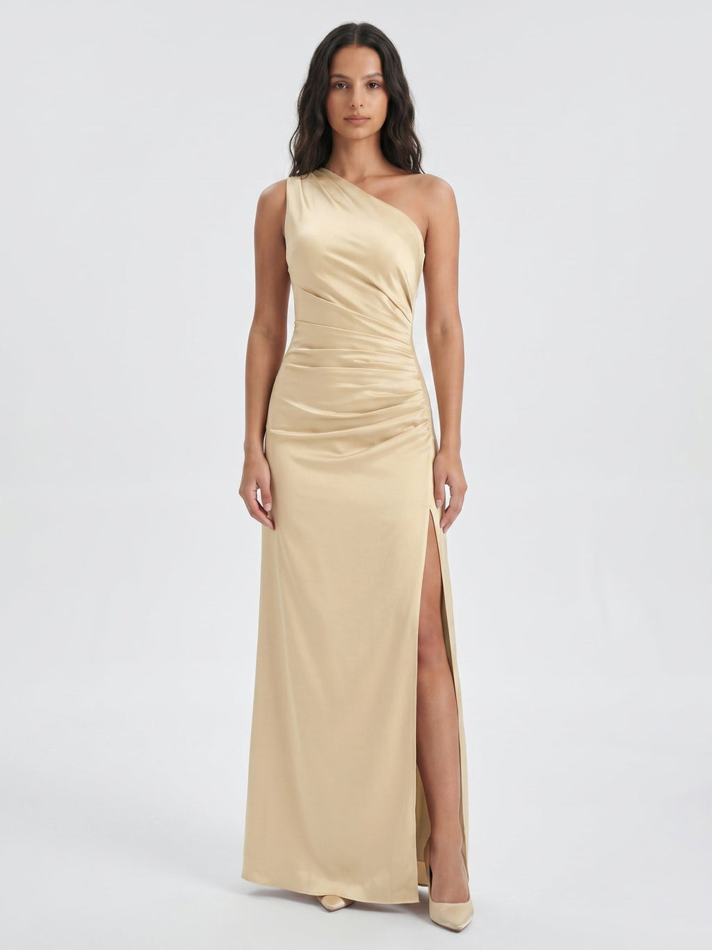 Champagne Satin Mermaid One Shoulder Back Zip Floor-Length Bridesmaid Dress - Curvevia