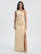 Champagne Satin Mermaid One Shoulder Back Zip Floor-Length Bridesmaid Dress - Curvevia
