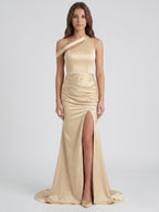 Champagne Satin Mermaid One Shoulder Back Zip Floor-Length Bridesmaid Dress with Pleated Details - Curvevia