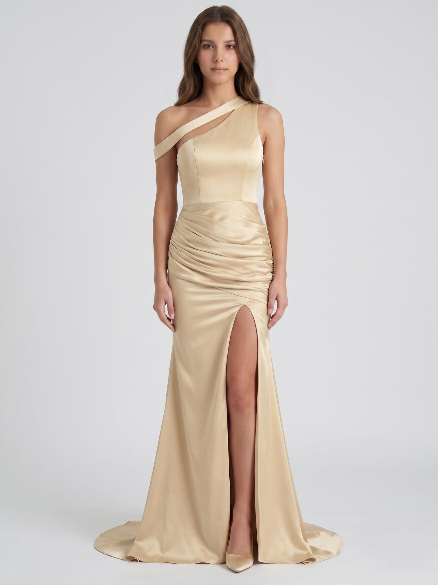 Champagne Satin Mermaid One Shoulder Back Zip Floor-Length Bridesmaid Dress with Pleated Details - Curvevia