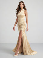 Champagne Satin Mermaid One Shoulder Back Zip Floor-Length Bridesmaid Dress with Pleated Details - Curvevia