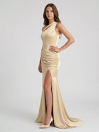 Champagne Satin Mermaid One Shoulder Back Zip Floor-Length Bridesmaid Dress with Pleated Details - Curvevia