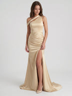 Champagne Satin Mermaid One Shoulder Back Zip Floor-Length Bridesmaid Dress with Pleated Details - Curvevia
