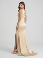 Champagne Satin Mermaid One Shoulder Back Zip Floor-Length Bridesmaid Dress with Pleated Details - Curvevia