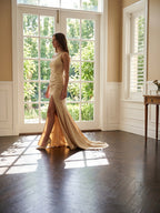 Champagne Satin Mermaid One Shoulder Back Zip Floor-Length Bridesmaid Dress with Pleated Details - Curvevia