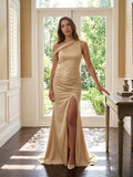 Champagne Satin Mermaid One Shoulder Back Zip Floor-Length Bridesmaid Dress with Pleated Details - Curvevia