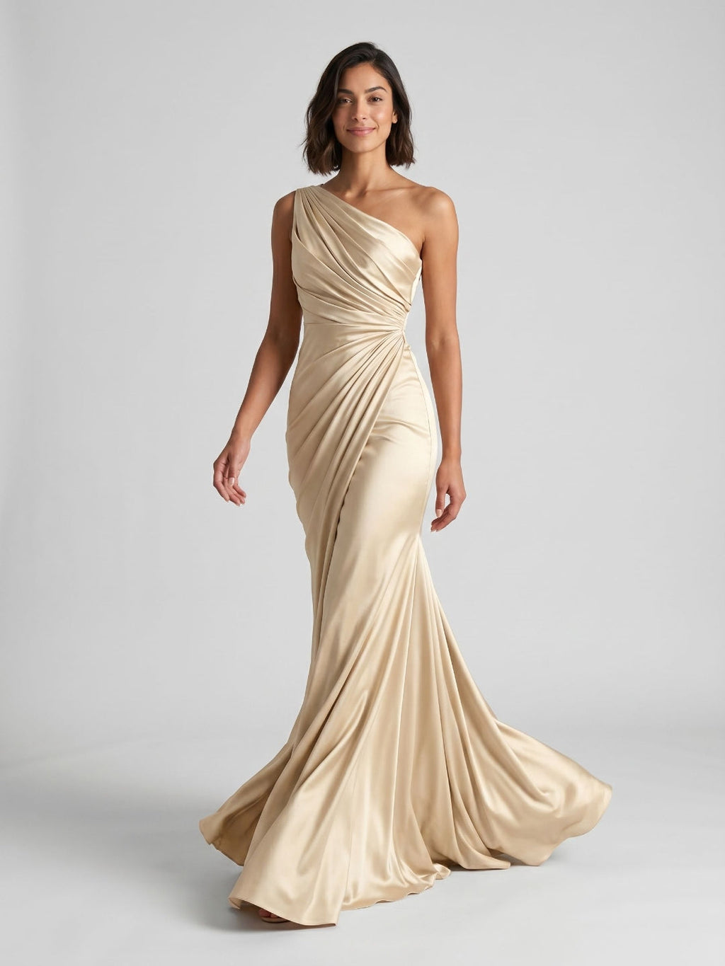Champagne Satin Mermaid One Shoulder Floor-Length Dress with Pleating - Curvevia