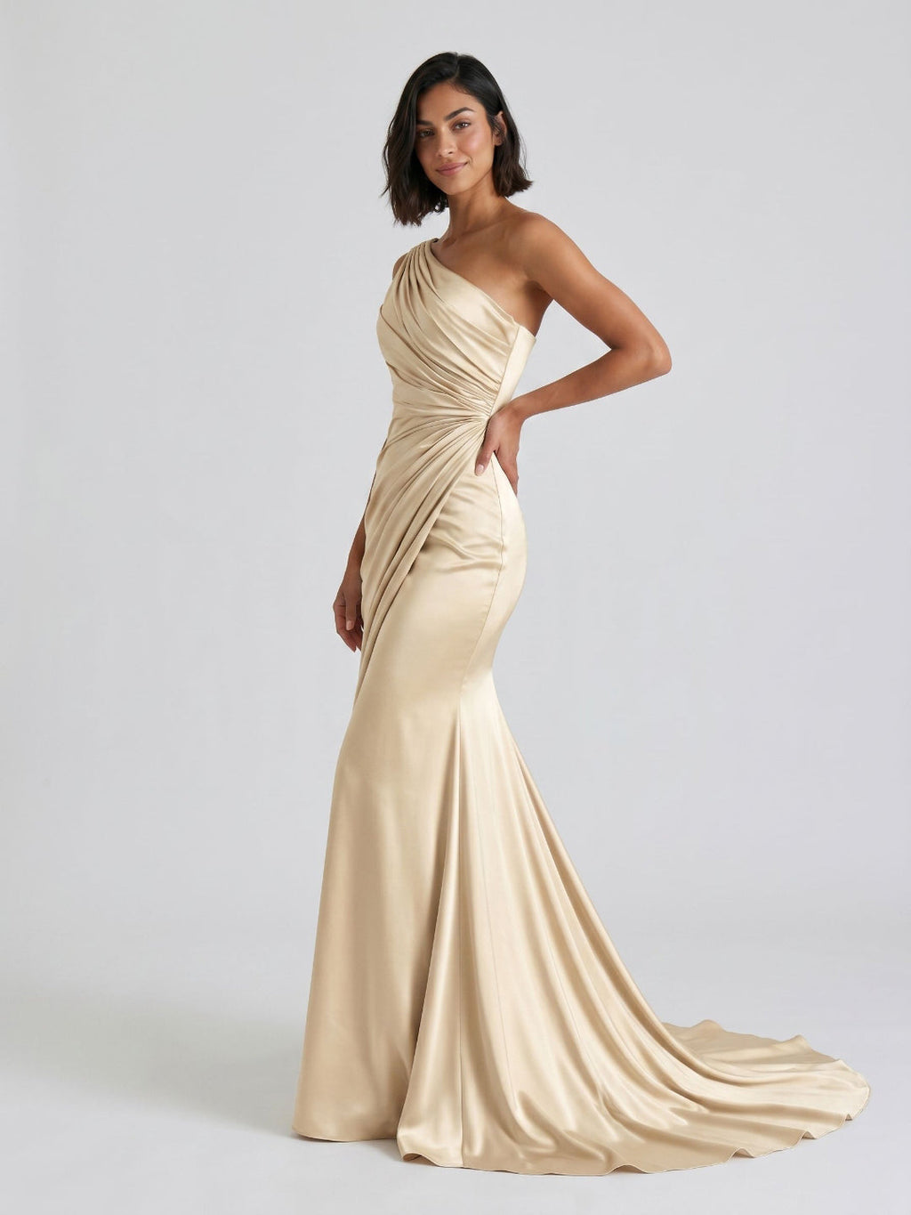Champagne Satin Mermaid One Shoulder Floor-Length Dress with Pleating - Curvevia