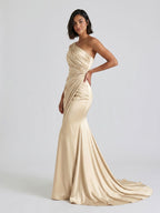 Champagne Satin Mermaid One Shoulder Floor-Length Dress with Pleating - Curvevia