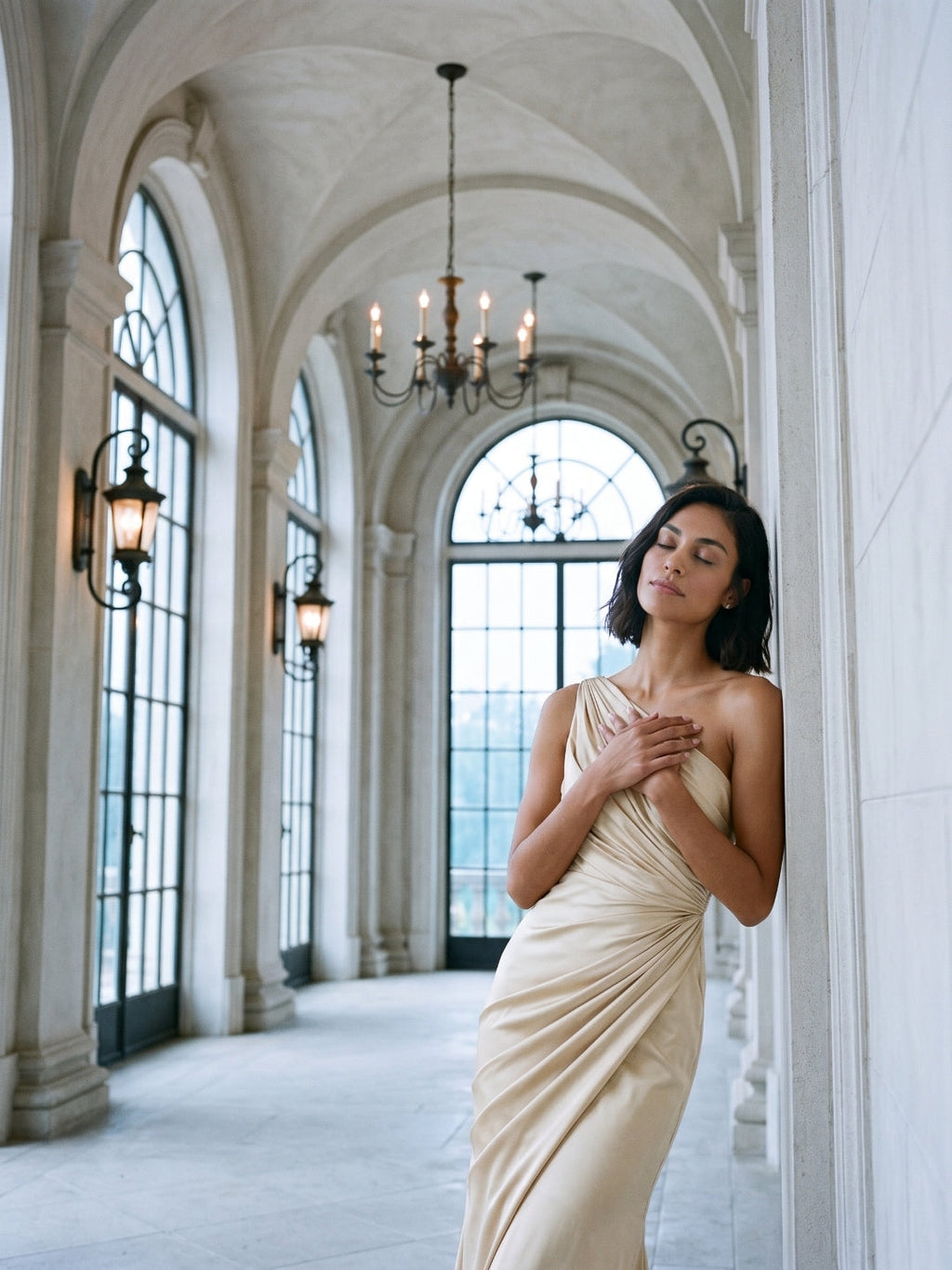 Champagne Satin Mermaid One Shoulder Floor-Length Dress with Pleating - Curvevia