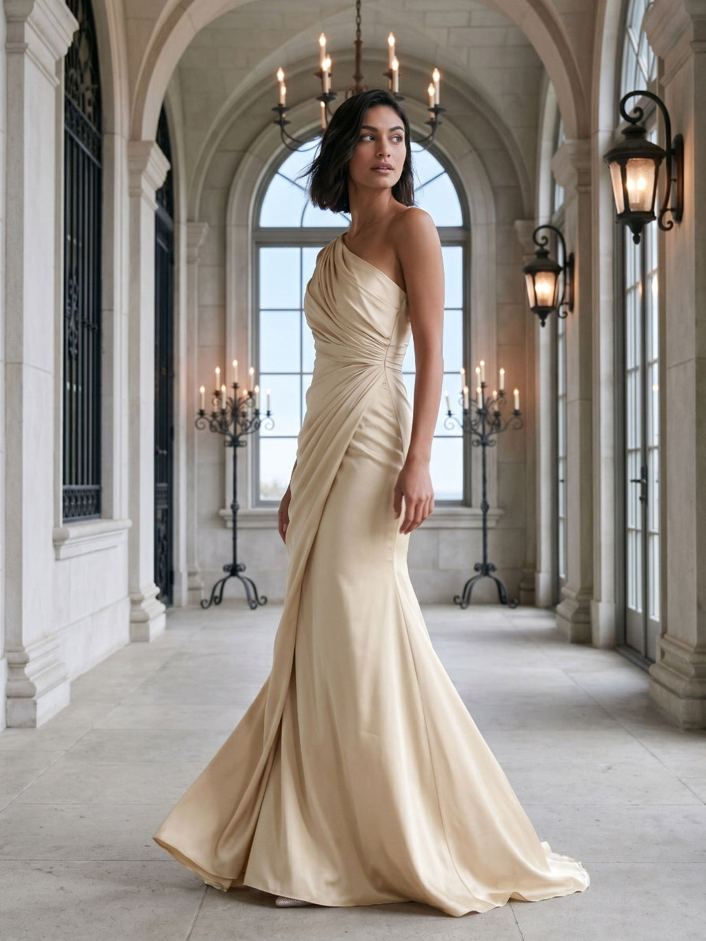 Champagne Satin Mermaid One Shoulder Floor-Length Dress with Pleating - Curvevia