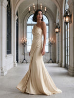 Champagne Satin Mermaid One Shoulder Floor-Length Dress with Pleating - Curvevia