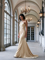 Champagne Satin Mermaid One Shoulder Floor-Length Dress with Pleating - Curvevia