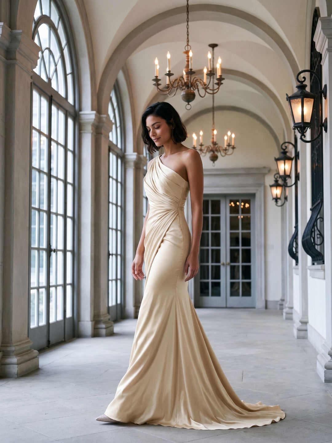 Champagne Satin Mermaid One Shoulder Floor-Length Dress with Pleating - Curvevia