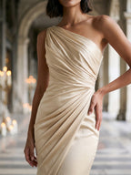 Champagne Satin Mermaid One Shoulder Floor-Length Dress with Pleating - Curvevia