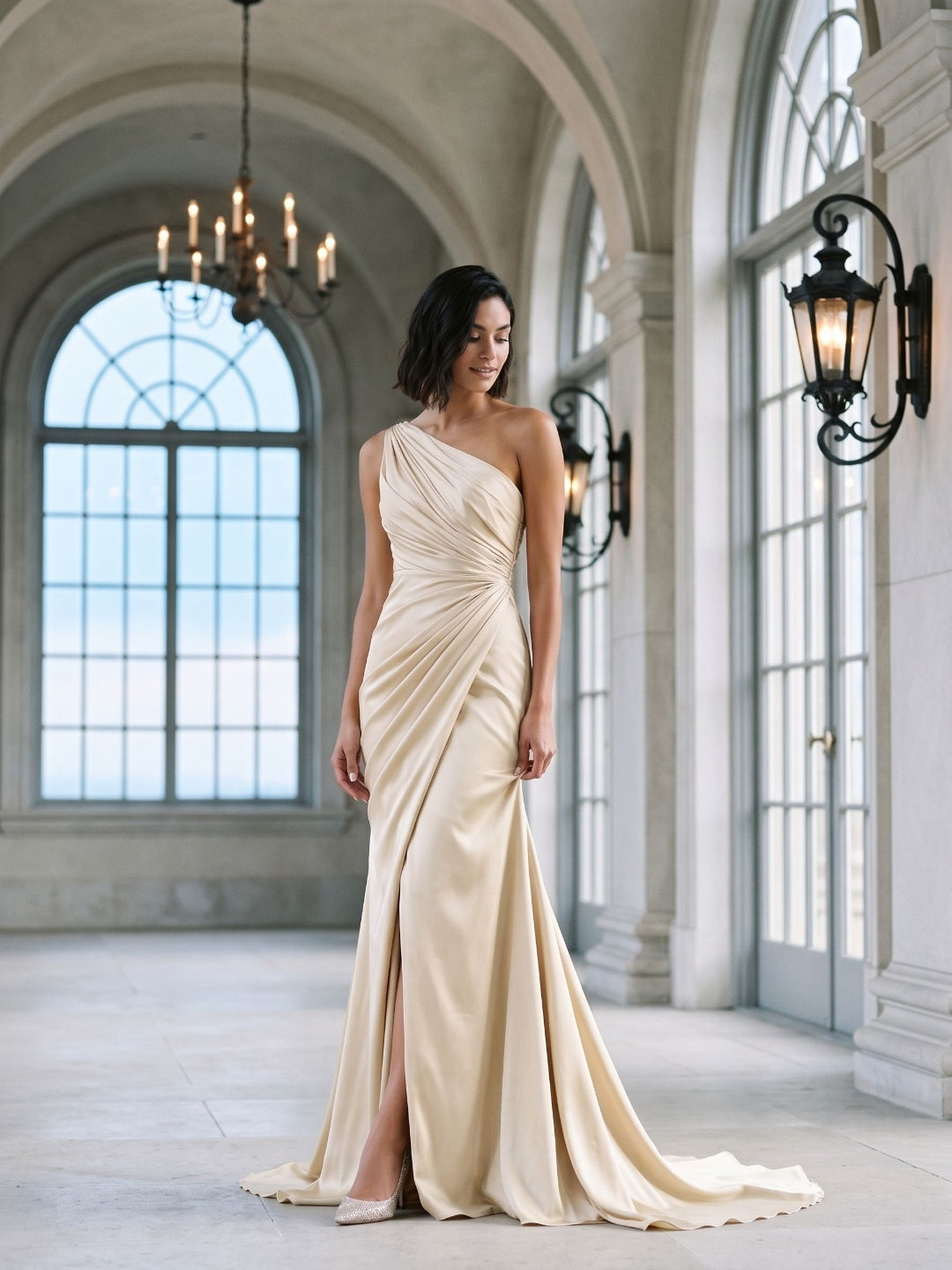 Champagne Satin Mermaid One Shoulder Floor-Length Dress with Pleating - Curvevia