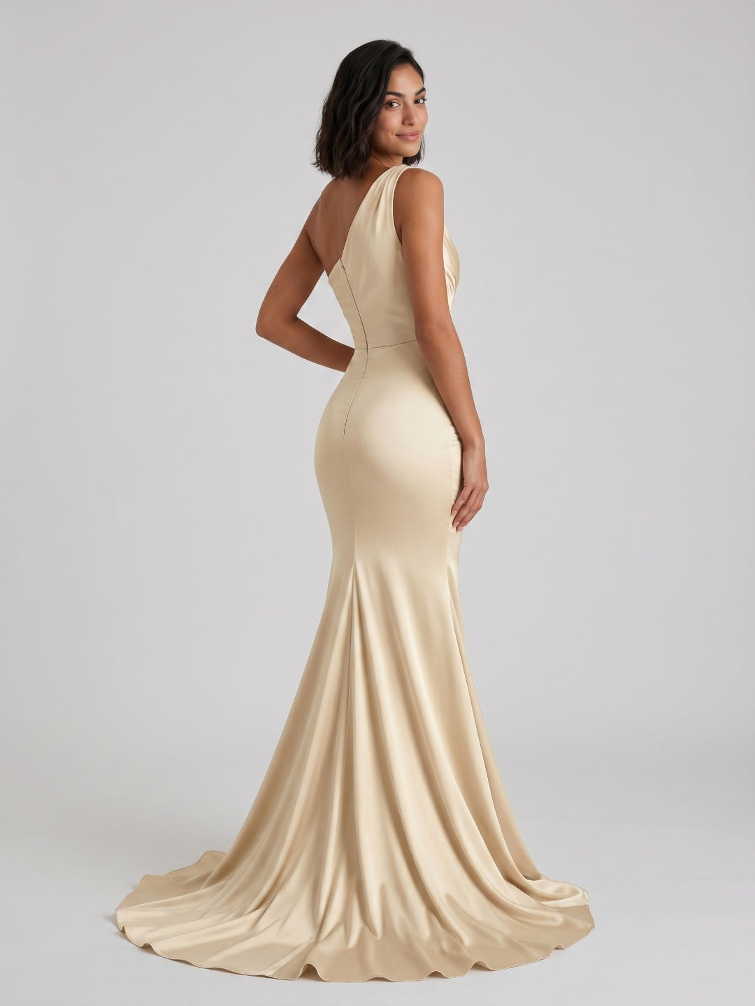Champagne Satin Mermaid One Shoulder Floor-Length Dress with Pleating - Curvevia