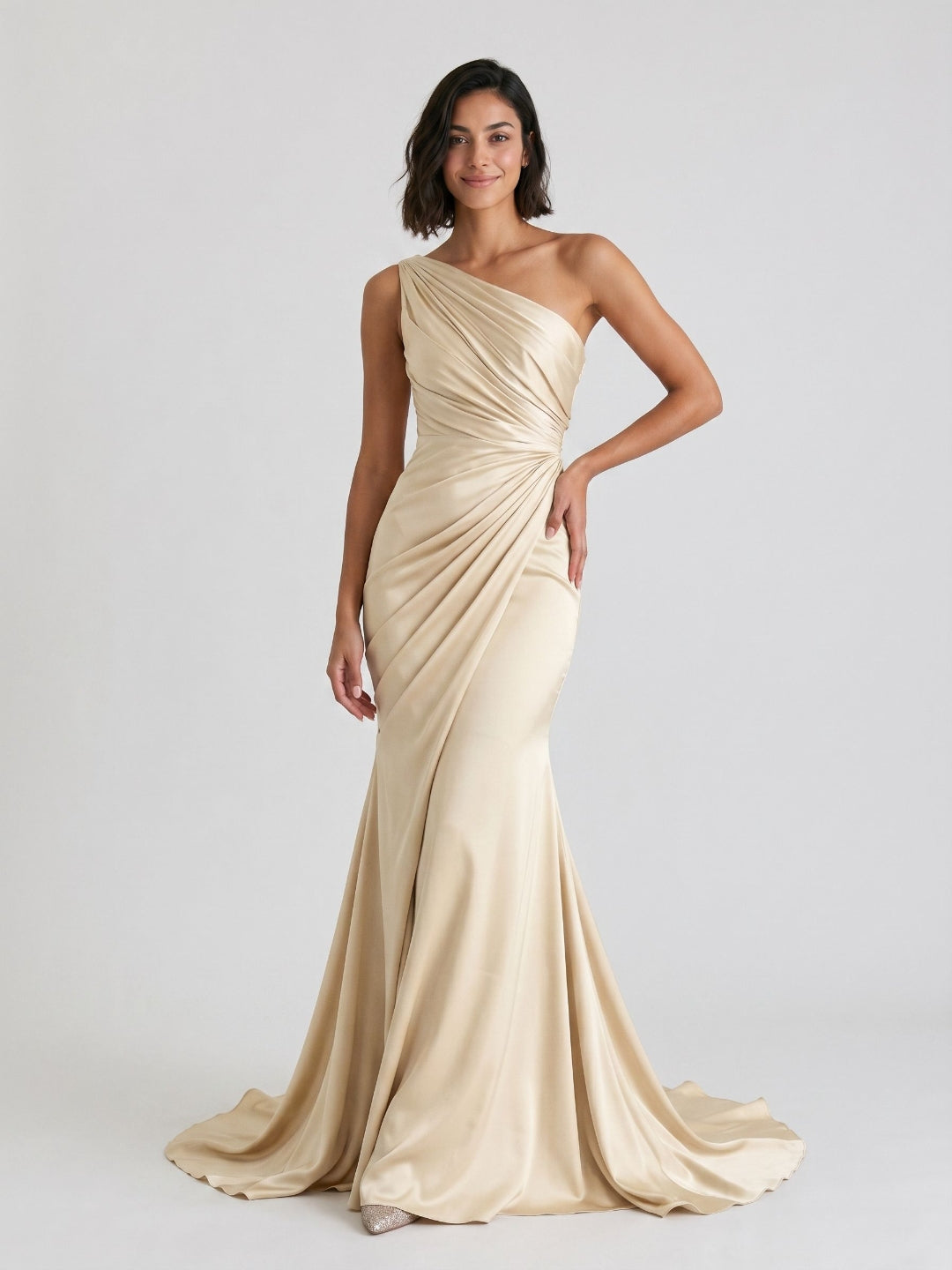 Champagne Satin Mermaid One Shoulder Floor-Length Dress with Pleating - Curvevia