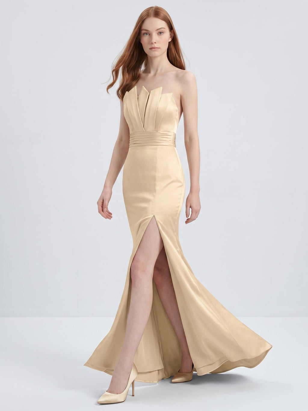 Champagne Satin Mermaid Straight Neck Back Zip Floor-Length Bridesmaid Dress - Curvevia