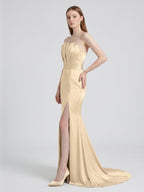 Champagne Satin Mermaid Straight Neck Back Zip Floor-Length Bridesmaid Dress - Curvevia