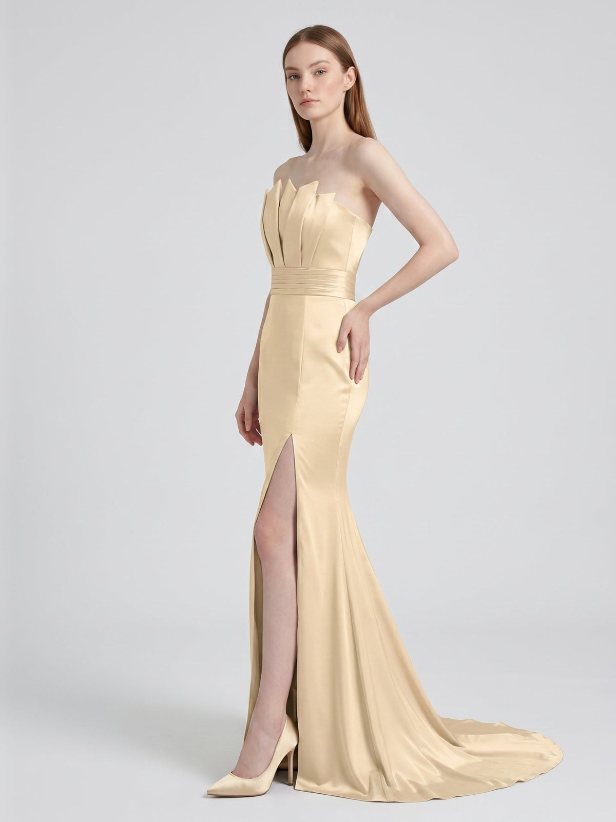 Champagne Satin Mermaid Straight Neck Back Zip Floor-Length Bridesmaid Dress - Curvevia