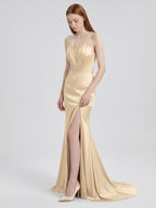 Champagne Satin Mermaid Straight Neck Back Zip Floor-Length Bridesmaid Dress - Curvevia