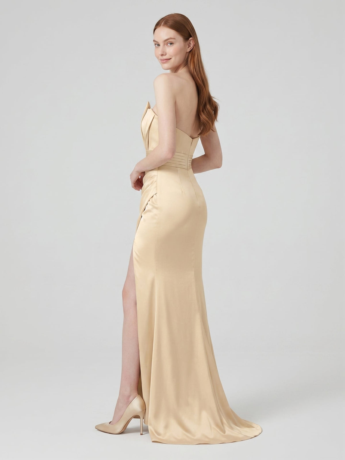 Champagne Satin Mermaid Straight Neck Back Zip Floor-Length Bridesmaid Dress - Curvevia