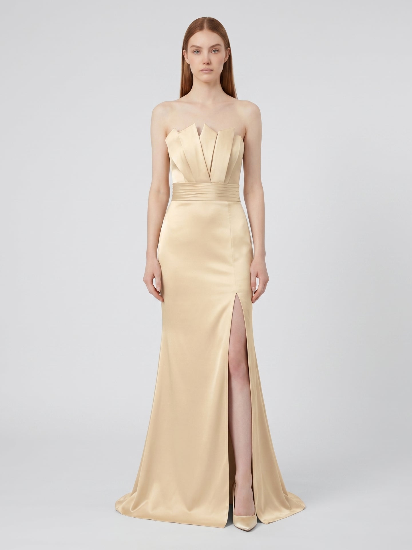 Champagne Satin Mermaid Straight Neck Back Zip Floor-Length Bridesmaid Dress - Curvevia