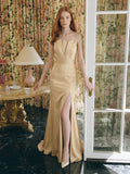Champagne Satin Mermaid Straight Neck Back Zip Floor-Length Bridesmaid Dress - Curvevia