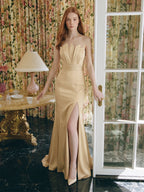Champagne Satin Mermaid Straight Neck Back Zip Floor-Length Bridesmaid Dress - Curvevia