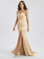 Champagne Satin Mermaid Straight Neck Back Zip Floor-Length Bridesmaid Dress with Pleated Details - Curvevia