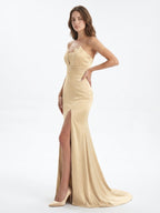 Champagne Satin Mermaid Straight Neck Back Zip Floor-Length Bridesmaid Dress with Pleated Details - Curvevia