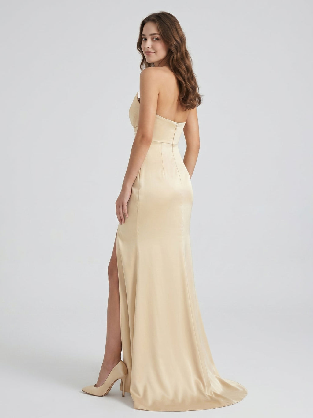Champagne Satin Mermaid Straight Neck Back Zip Floor-Length Bridesmaid Dress with Pleated Details - Curvevia