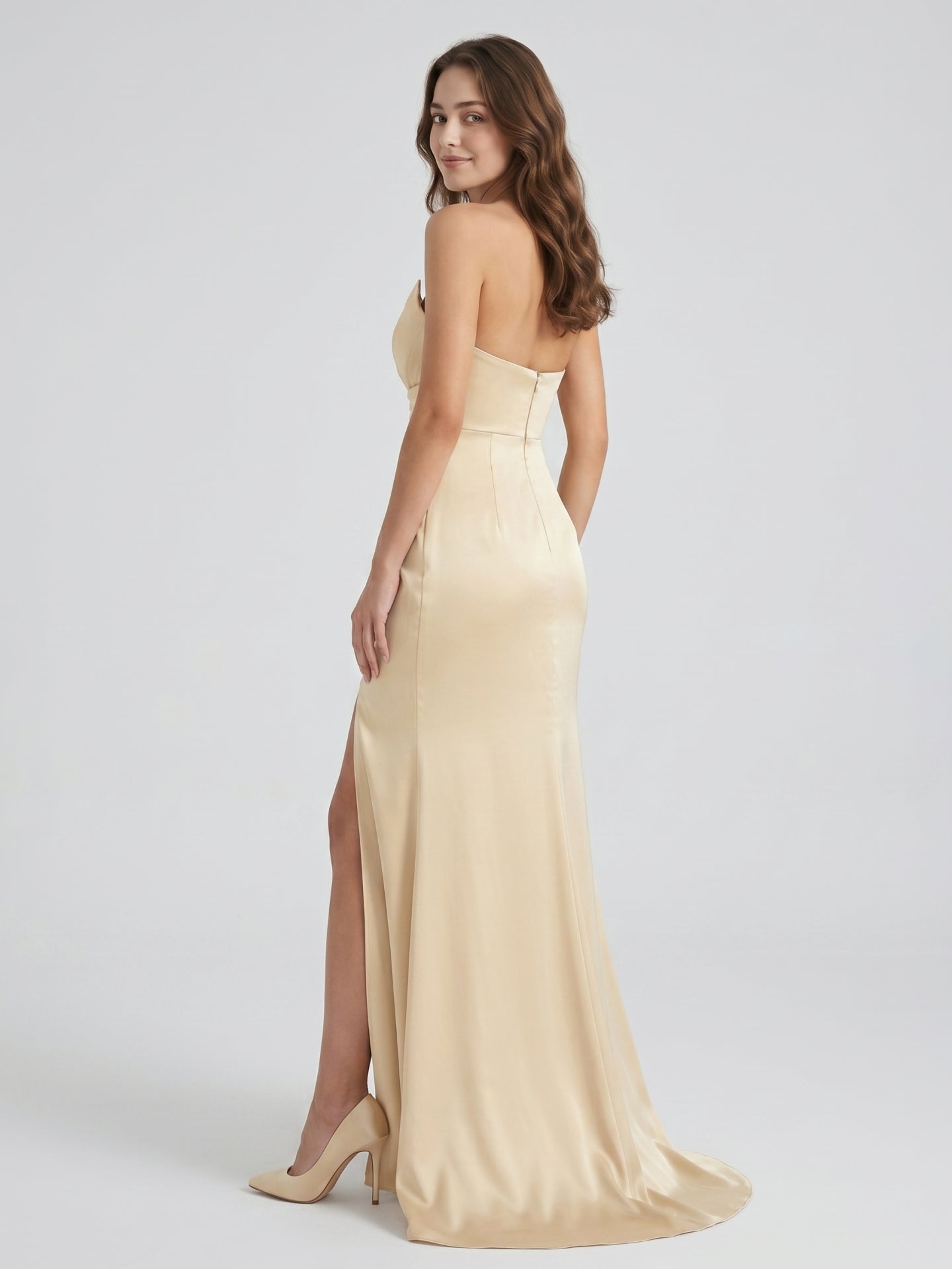 Champagne Satin Mermaid Straight Neck Back Zip Floor-Length Bridesmaid Dress with Pleated Details - Curvevia