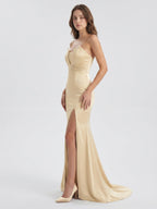 Champagne Satin Mermaid Straight Neck Back Zip Floor-Length Bridesmaid Dress with Pleated Details - Curvevia